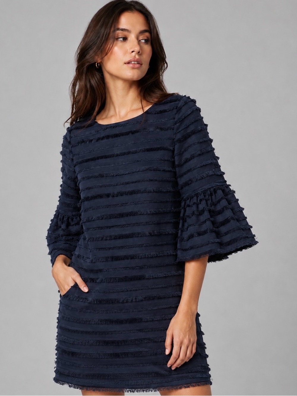 Club Monaco Navy Fringe-Striped Shift Dress with Flared Sleeves